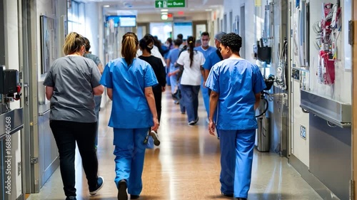 Medical professionals walk through a busy hospital corridor, showcasing teamwork and dedication in healthcare. A glimpse into the daily life of healthcare workers and patient care.
