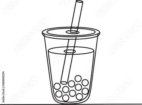 Bubble Tea Line Art with Fruits and Leaves