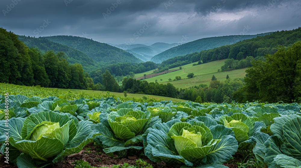 Fototapeta premium Lush green cabbage field stretching across rolling hills under a moody sky.