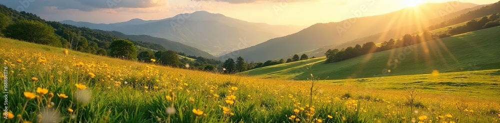 Obraz premium Serene ranch meadows bathed in golden sunlight, wildflowers blooming amidst rolling green hills and distant mountains Perfect for idyllic nature, rural, and western themes , flora, vibrant, sunlight