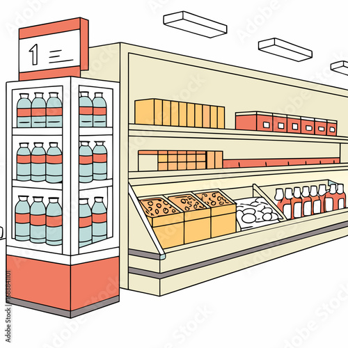 Grocery Store Aisle with Drinks and Snacks