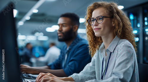 Fototapeta Naklejka Na Ścianę i Meble -  Cloud software team testing scalability of a new platform in a server room monitoring data dashboards cloud scalability enterprise software operations center with copy space