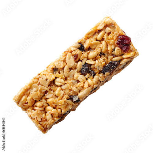 A delicious and nutritious energy bar with peanuts and dried fruit perfect for a quick snack or a boost of energy during activities