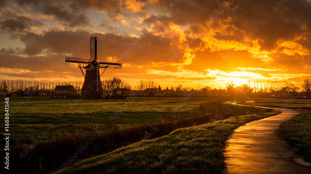 Obraz premium A serene sunset casting golden light over a windmill in a picturesque landscape.