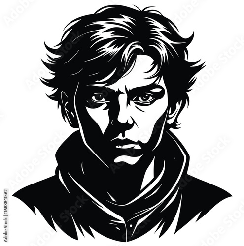 Black and white portrait of a young man with a scary cartoon tattoo on his face