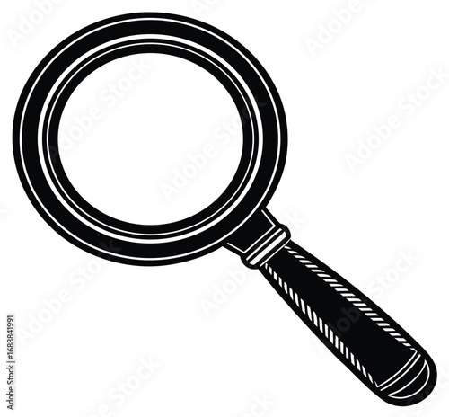 Isolated optical tool, a black magnifying glass with a glass lens, on a white background for searching and discovery