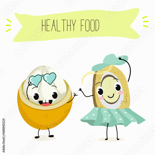 Platonia insignis, bacuri, funny characters, hand drawn vector illustration.