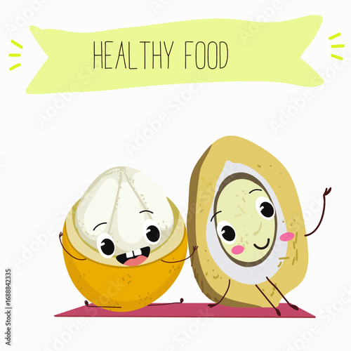 Platonia insignis, bacuri, funny characters, hand drawn vector illustration.