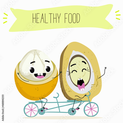 Platonia insignis, bacuri, funny characters, hand drawn vector illustration.