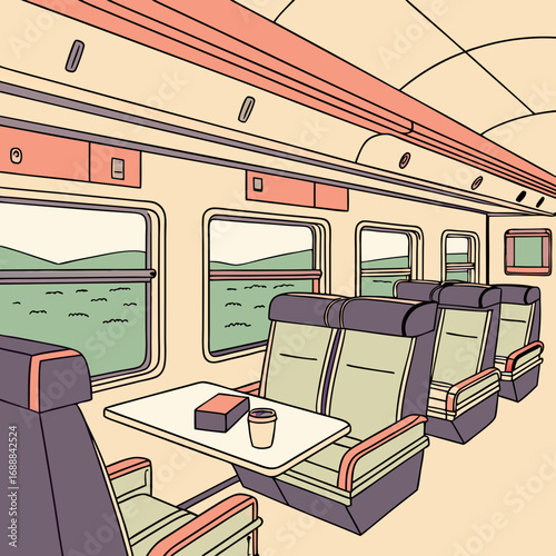 Pastel Train Car Interior with Scenic Views