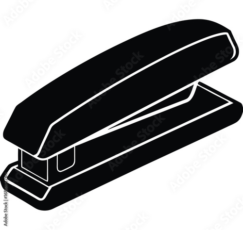 Black stapler and staples, isolated on a white background, are essential office supplies for securing paperwork