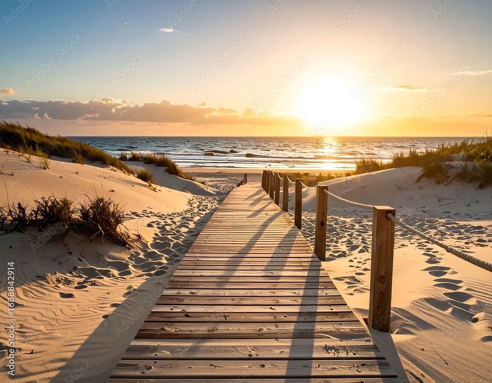 Obraz premium Wooden walkway leading to a beautiful sunset beach