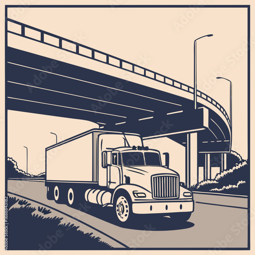 Semi Truck Driving Under an Overpass on a Highway