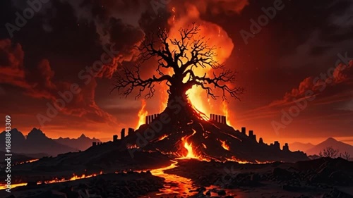 Cinematic HDR Illustration of Leafless Tree and Volcanic Eruption Lighting Ruined Fortress