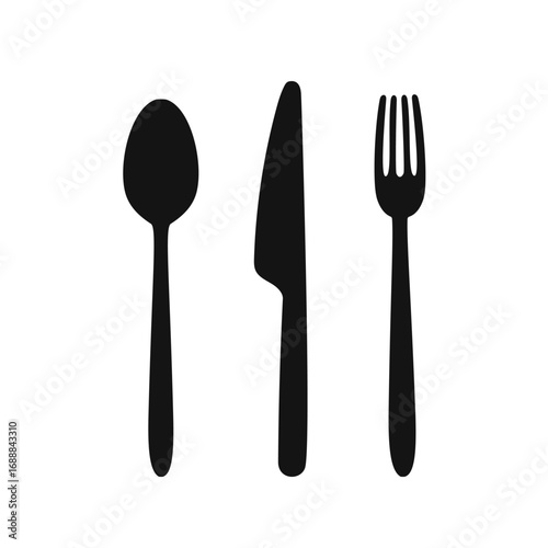 Black silhouette icons of a spoon, knife, and fork – minimalist cutlery set for restaurant branding, menu design, and culinary projects.