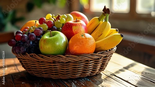 A woven basket overflowing with a colorful assortment of fresh fruits, including apples, bananas, grapes, and an orange, sitting on a wooden table.