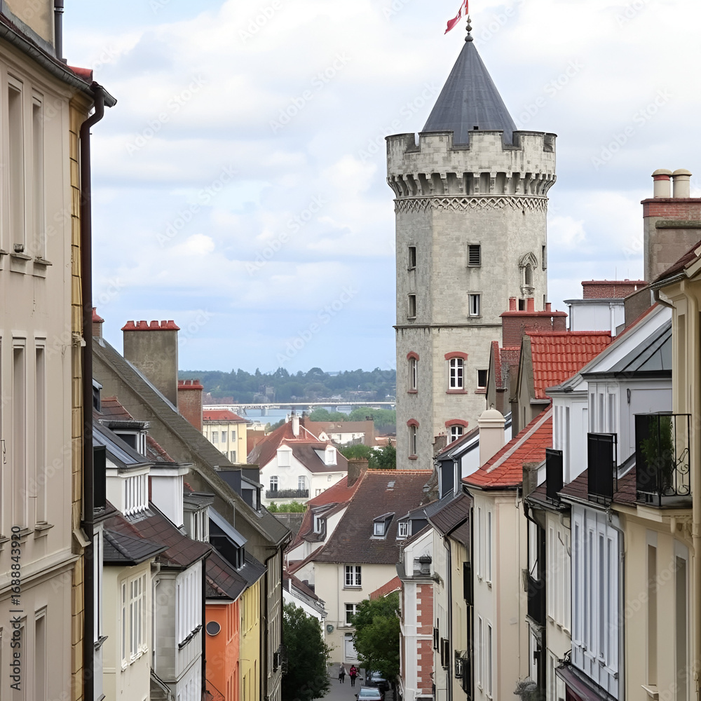 Obraz premium View at the Tanguy tower with Castle of Brest in the streets of Brest in France