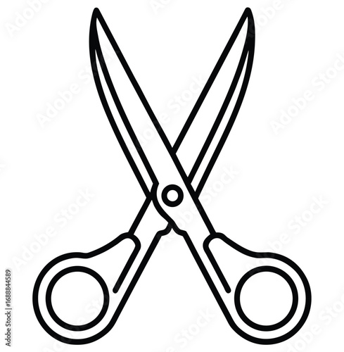 A shiny metal pair of scissors with a black handle is isolated on a white background