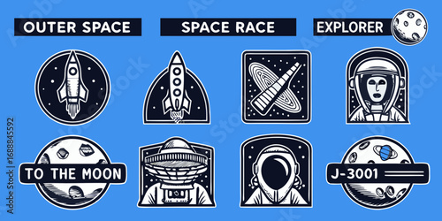 Collection of space exploration icons and symbols featuring rockets astronauts planets and ufos