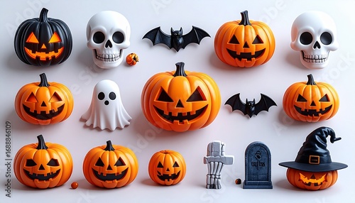 Halloween pumpkins and decorations arranged on a white surface create a festive and spooky autumn atmosphere for holiday celebrations.