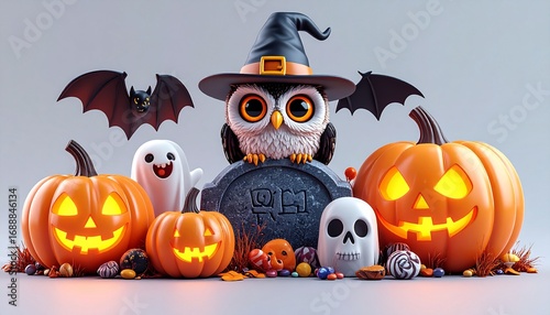 Cute owl wearing a witch hat sits on a tombstone surrounded by pumpkins, ghosts, a bat, and a skull, creating a festive Halloween scene.