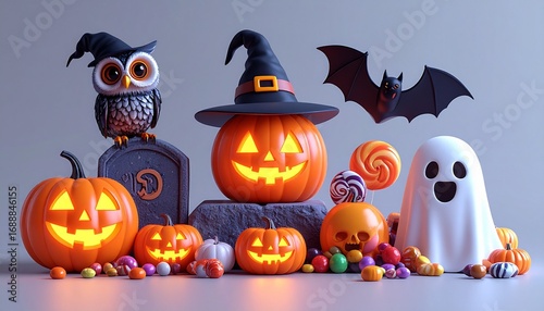Cute ghosts are floating above smiling pumpkins in a spooky orange Halloween scene with bats and sparkling lights, creating a fun and festive atmosphere.