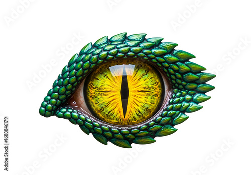 Close-up of a detailed dragon eye, showcasing vibrant green scales and a striking yellow iris against a black backdrop.