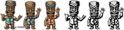 Vector Illustration Set of Three Funny Tiki Idols in Hawaiian Shirts Making Shaka, Wave and OK Hand Gestures in Woodcut Style Character Design