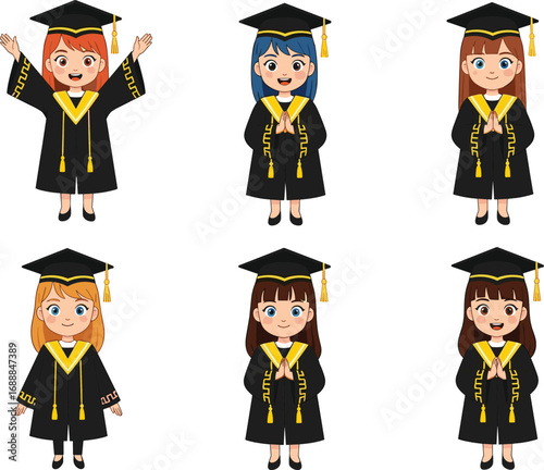 Cute cartoon girls wearing graduation gowns and caps, celebrating success, education achievement, diverse happy students vector illustration design.
