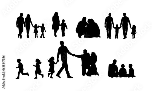 Happy Family Silhouette Vector, Parents and Children Silhouette