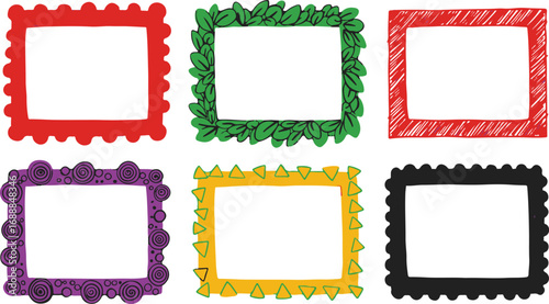 Six varied decorative rectangular frames with different patterns and colors on a white background Keywords: frame, border, decorative, colorful, rectangular, red, green, purple, yellow, black
