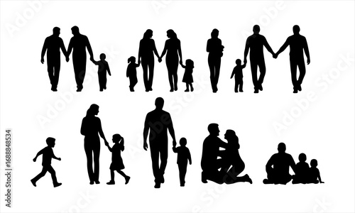 Happy Family Silhouette Vector, Parents and Children Silhouette