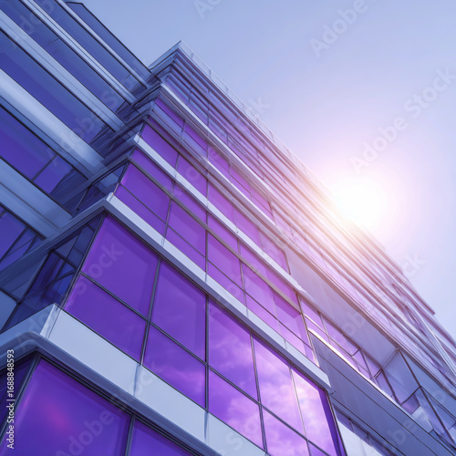 Modern glass skyscraper with purple tinted windows reflecting sunlight and blue sky