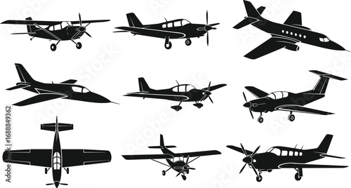 Set of airplane silhouettes in various angles and designs, black aviation vector illustration for aircraft, flight, travel, and transportation concept artwork