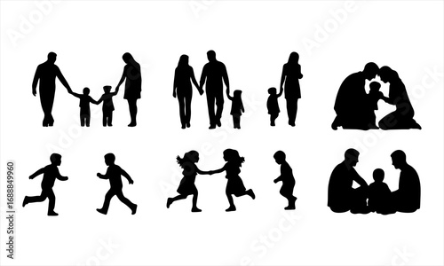 Happy Family Silhouette Vector, Parents and Children Silhouette