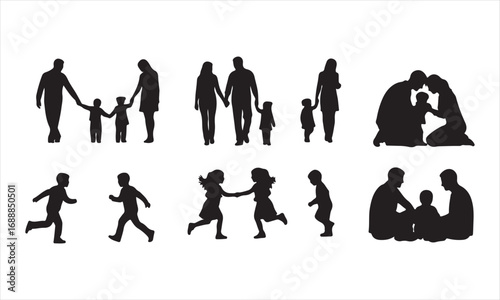 Happy Family Silhouette Vector, Parents and Children Silhouette