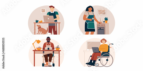Diverse people working from home and engaging in daily activities with pets and assistive devices