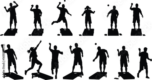 Silhouette cornhole players throwing bean bags at target boards in various action poses, outdoor lawn game vector illustration for sports design