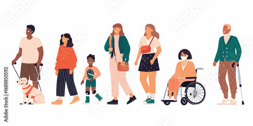 Diverse group of people with disabilities and a service dog walking together