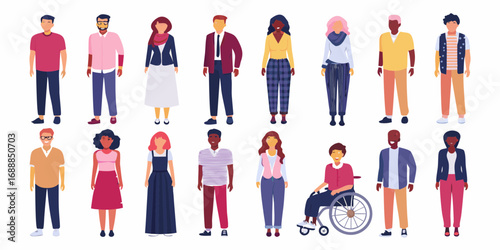Diverse group of people standing together showcasing different ethnicities genders ages and abilities