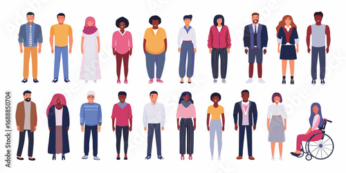 Diverse group of people standing together representing various ethnicities ages and abilities