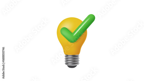 3D Yellow Light Bulb with Green Check Mark – Innovation and Startup Concept Vector