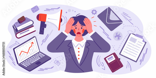 Overwhelmed businesswoman experiencing stress and anxiety from work overload and deadlines