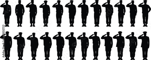 Silhouette pattern of people saluting in uniform rows, representing respect, discipline, and military gesture in black and white vector illustration