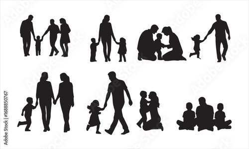 Happy Family Silhouette Vector, Parents and Children Silhouette