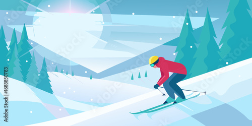 Stylized illustration of a lone skier descending a snow covered mountain slope amidst pine trees and falling snow