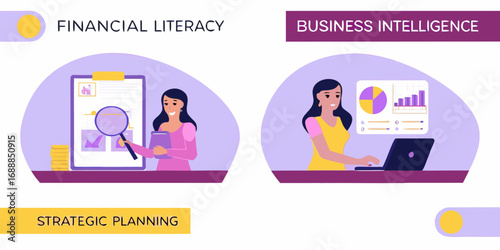 Financial literacy and business intelligence concepts illustrated with women analyzing data and planning