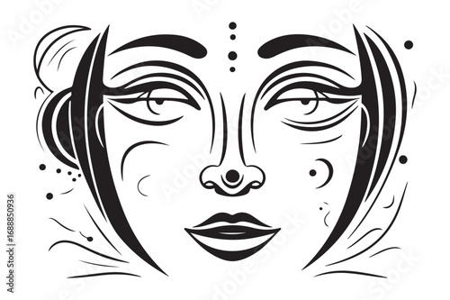 Abstract spiritual face illustration, a minimalist black and white line art icon template of a serene goddess.