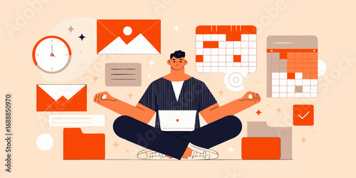 Calm businessman meditating with laptop and office icons representing productivity and organization