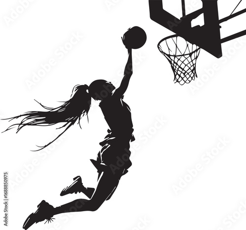 Black silhouette of female basketball player performing slam dunk near hoop, symbolizing athleticism, energy, and empowerment